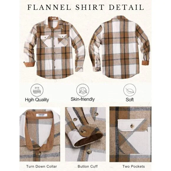 Coofandy Men Khaki Flannel Plaid Button Down Jacket Shirt with Pockets - Picture 5 of 5